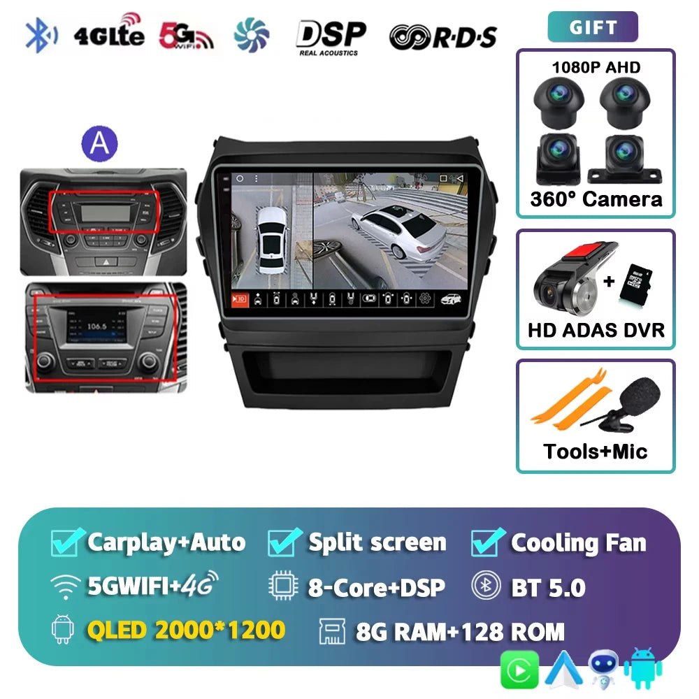 For Hyundai Santa Fe 3 2013 - 2016 Android 15 2K QLED Car Radio Multimedia Video Player GPS stereo CarPlay Head Unit 4G WIFI