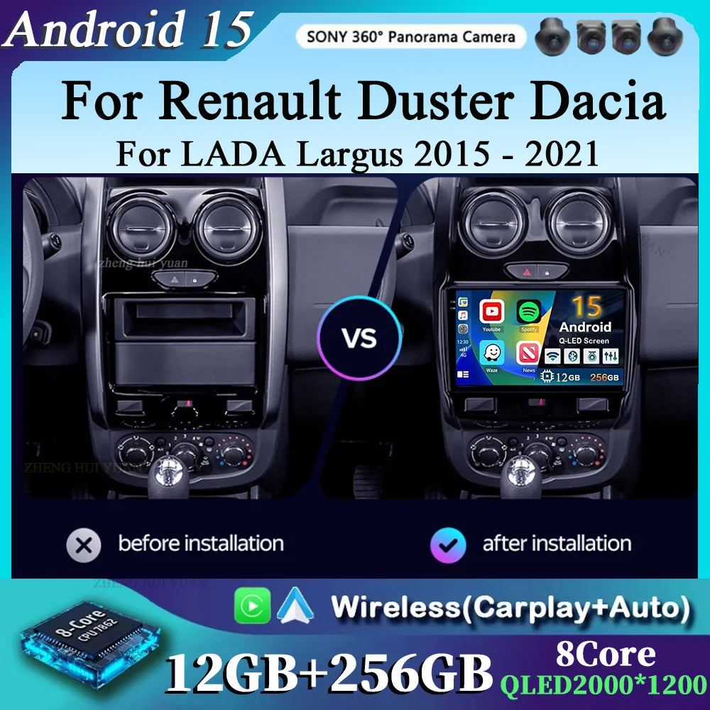 For Renault Duster Dacia Duster 2015 - 2021 For LADA Largus 2021 Android 15 12+256GB Car Radio Carplay Auto Multimedia Stereo 4G
