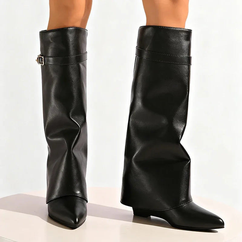 Black Pu Leather Knee High Boots Women Sexy Pointed Toe Straight Leg Boots Woman Punk Style Wedge High Heels Long Botas Mujer