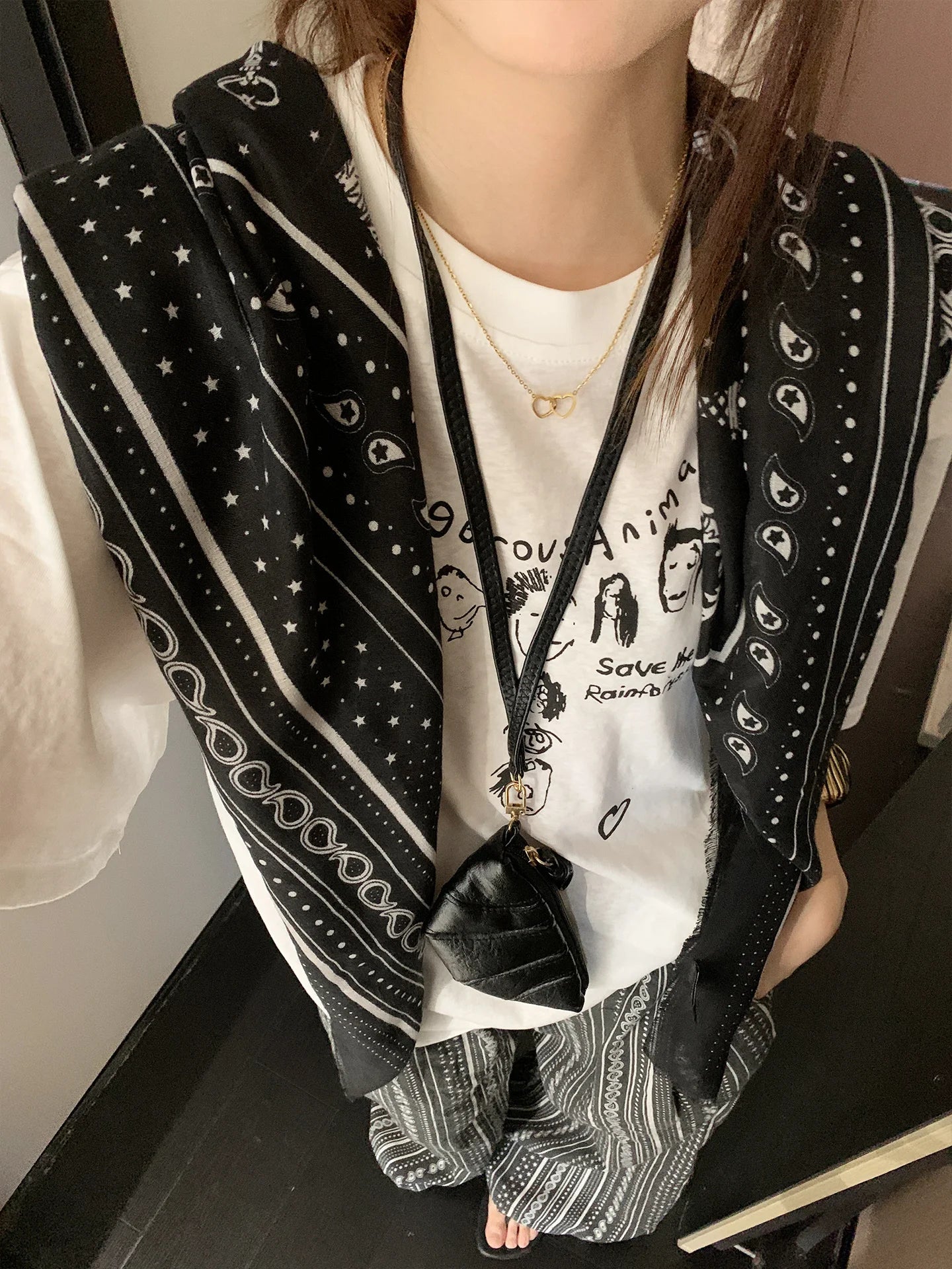 Retro Black Printed Petticoat Scarf Korean Lazy Style Thin Shawl Small Neck Scarf Accessory Belt
