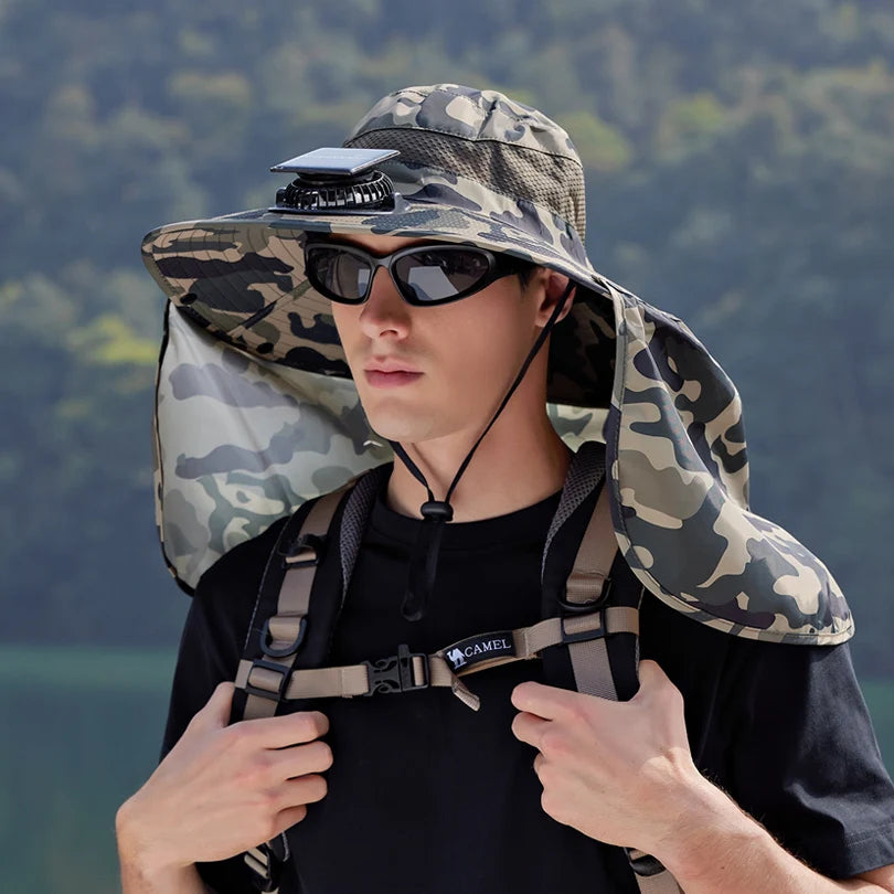 9208-1Men's sun hat 1Solar fan fishing hat, wide-brimmed sunhat outdoor summer camping, beach use, Type-c and solar power supply