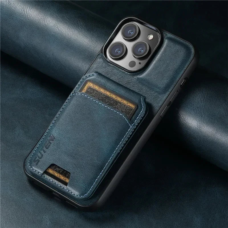 Blue Leather Wallet Phone Case Card Hold Magnetic Cover iPhone 16-11 Pro Max