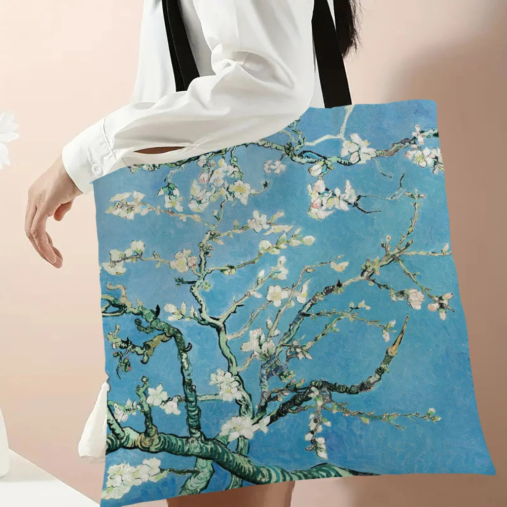 Van Gogh Series Linen Bag Oil Painting Starry Night Flower Handbag Shoulder Bag