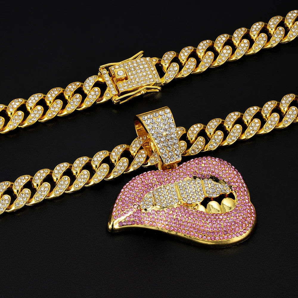 New Men Women Hip Hop Bite Lip Shape Pendant Necklace with 13mm Crystal Cuban Chain Iced Out Bling HipHop Necklace Charm Jewelry