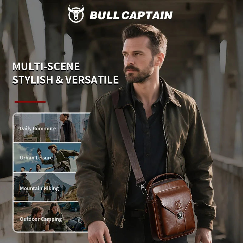 BULLCAPTAIN Men's Genuine Leather Bag Business Casual Shoulder Bag Anti-Theft Lock Fashion Portable Postman Crossbody Bag Brown