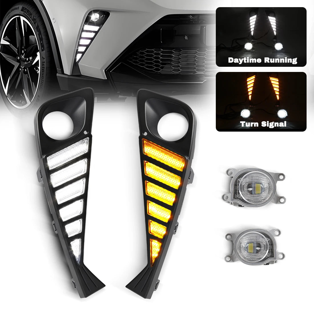 For Toyota C-HR CHR 2020 2021 2022 2023 DRL Daytime Running Light Car Led Dynamic Yellow Turn Signal White Daylight Fog Lamp 12V
