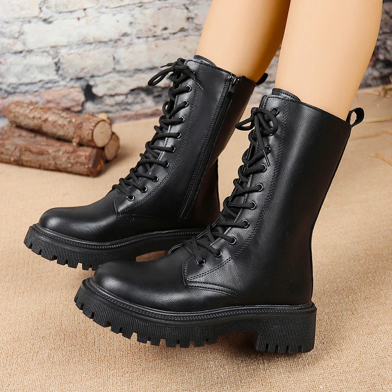 British Style Black Mid Calf Boots for Women Pu Leather Thick Heels Motorcycle Botas Mujer Autumn Winter Lace Up Boots Woman