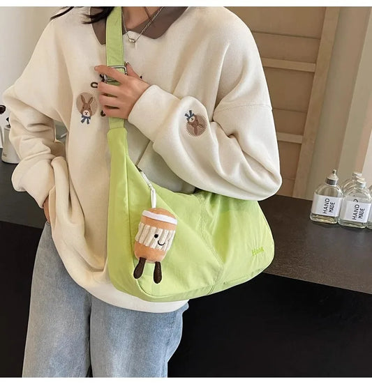 Green Women Japan Hobo Embroidery Shoulder Bag Versatile Waterproof Commuter Bag