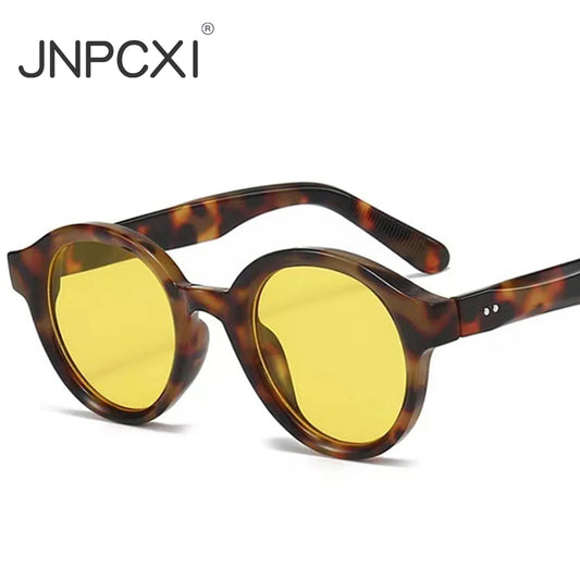 JNPCXI Round Vintage Candy Color Sunglasses Women Fashion Shades Men Trending Rivets Sun Glasses Leopard Yellow Eyewear