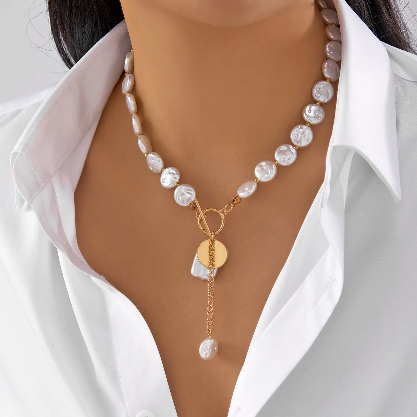 Vintage Baroque Imitation Pearl Tassel OT Buckle Choker Necklace for Women Party Wedding Bridal Neck Chain Accessories Jewelry