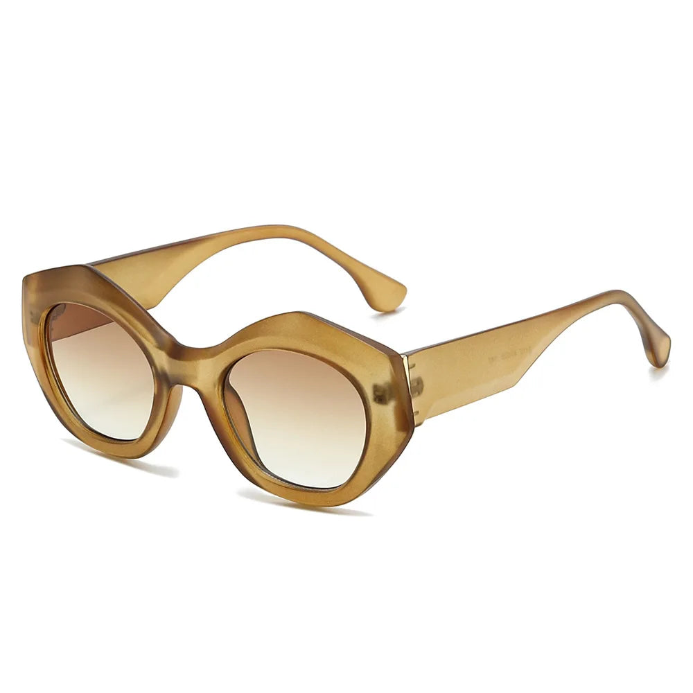 JNPCXI New Polygon Cat Eye Sunglasses Men Gradient Shades UV400 Vintage Matte Tea Women Sun Glasses