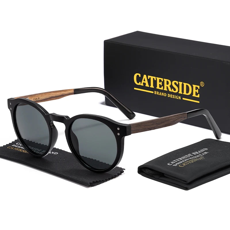 CATERSIDE Men's Round Sunglasses Solid Wood Temple High-Quality Spring Hinge Sun Glasses Women's Party Travel Eyewear UV400