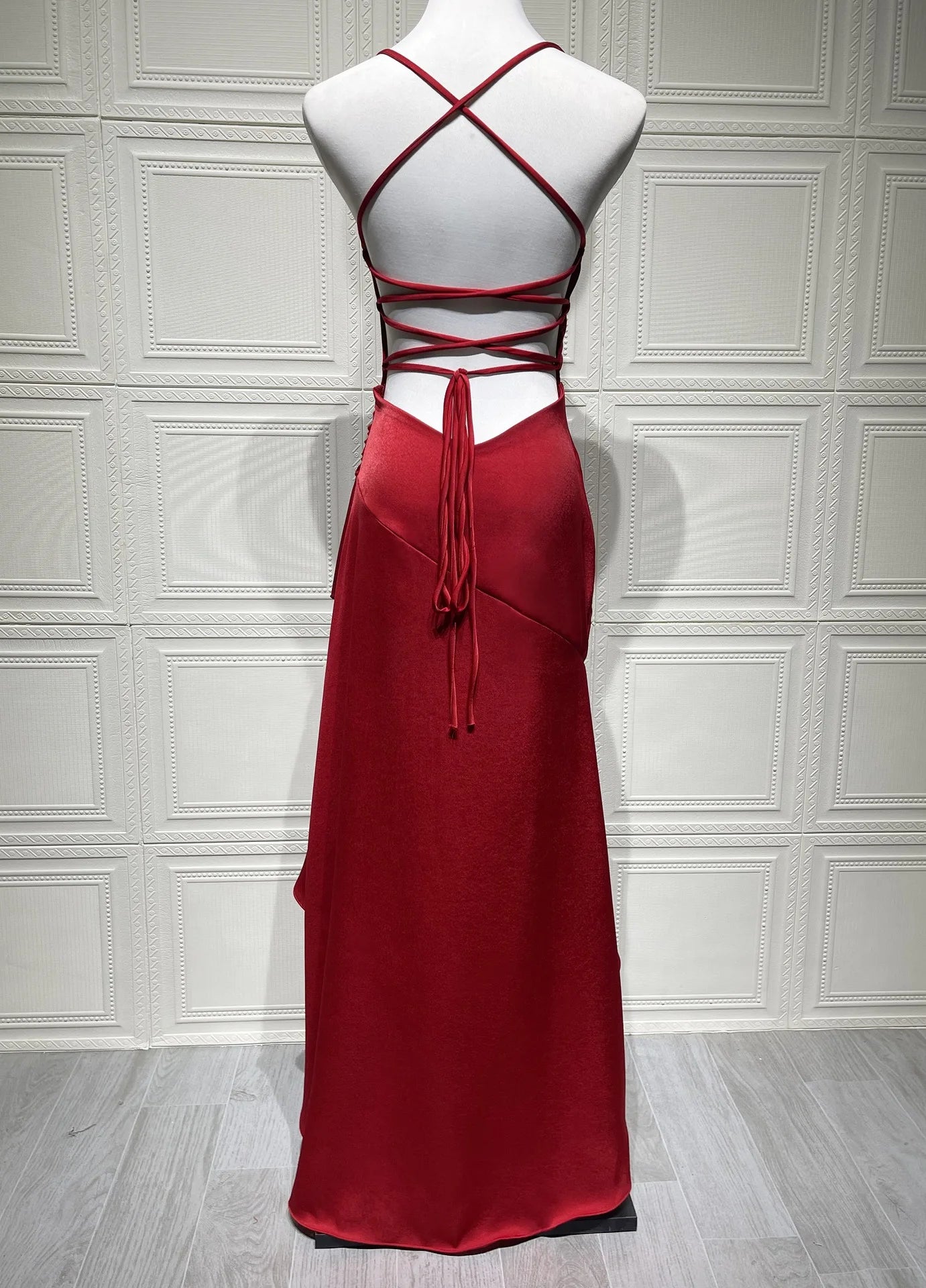 Summer Top Sexy Women's Straightening Strap Back Ruffle Irregular Satin Red Dress