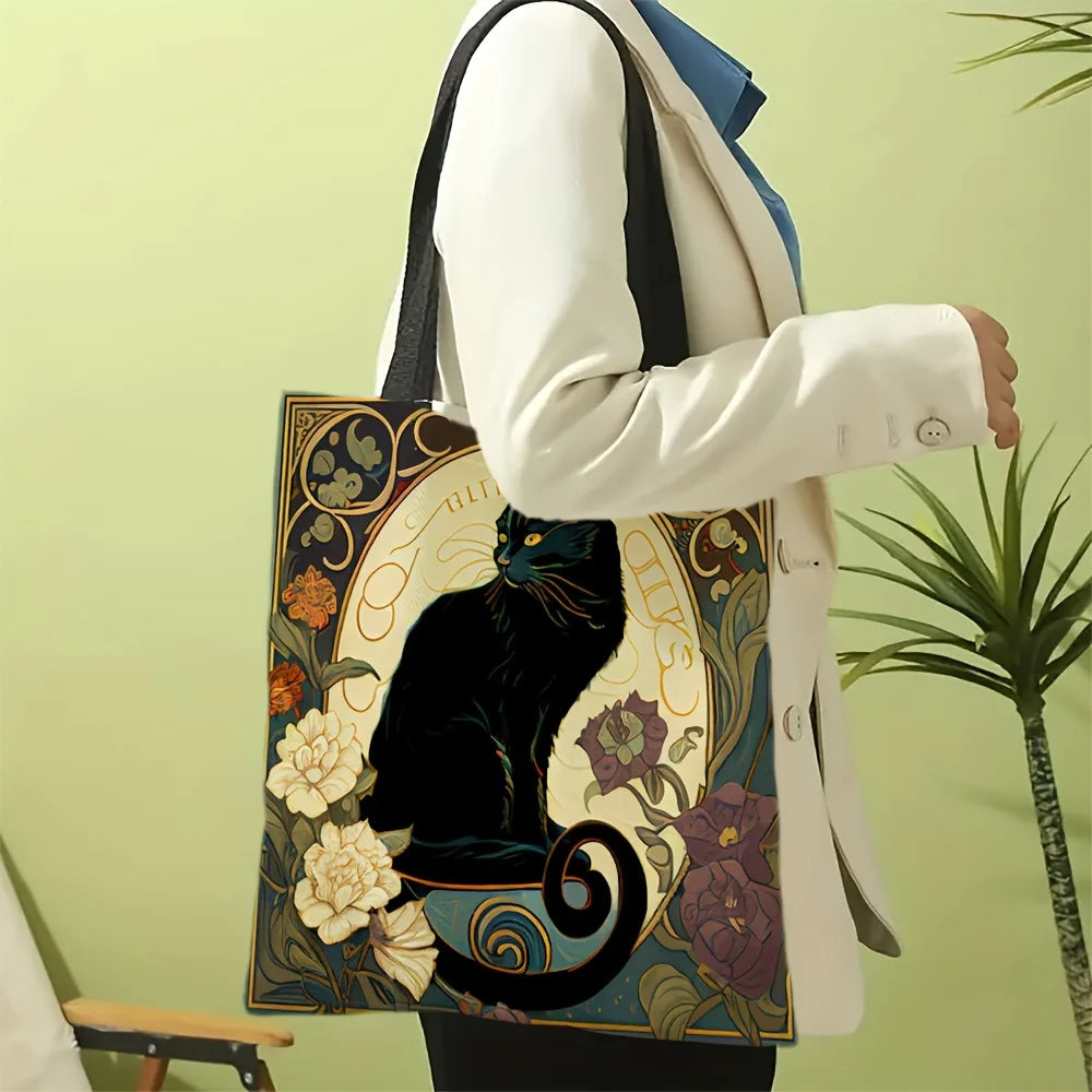 Retro Art Noble Black Cat Tote Bag, Fashion Shoulder Bag, Daily Light Handbags