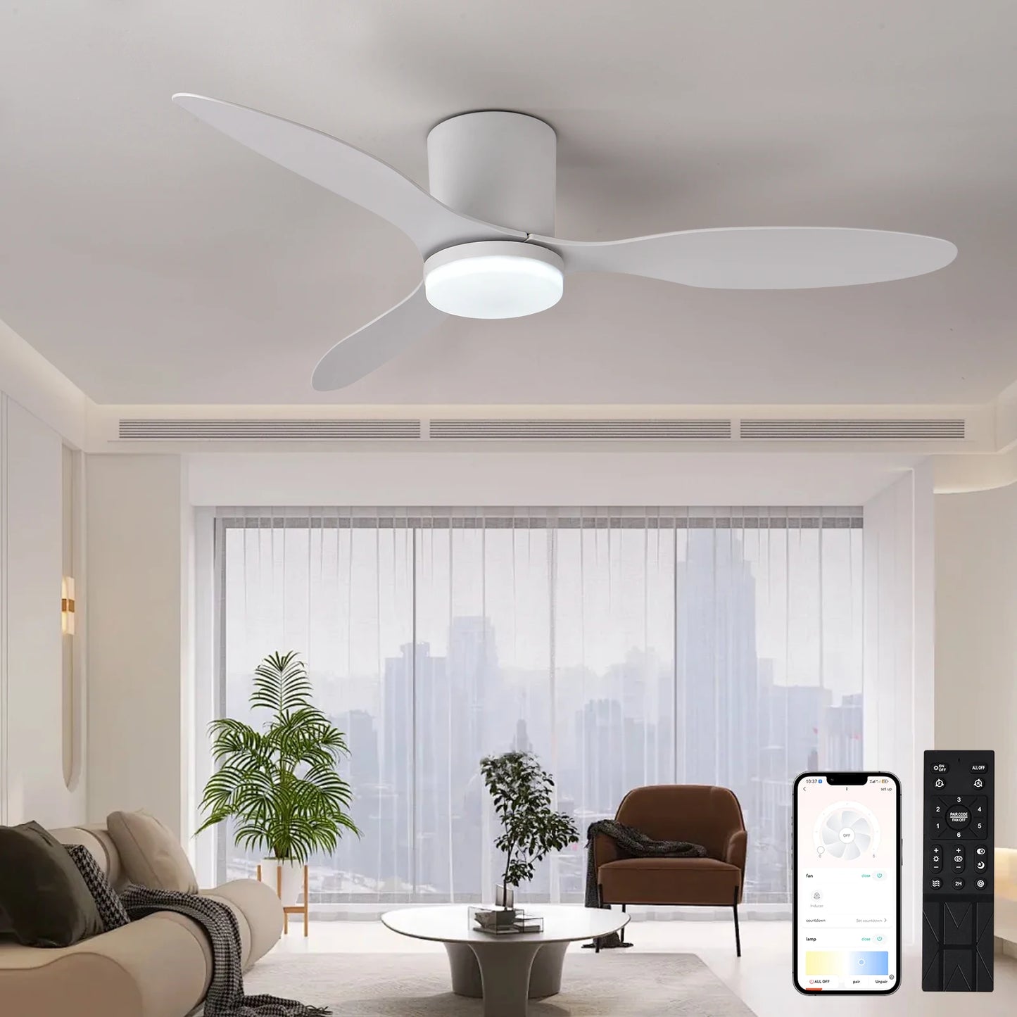 Modern Black White Low Floor DC Motor Ceiling Fans, Remote Control Simple Fans