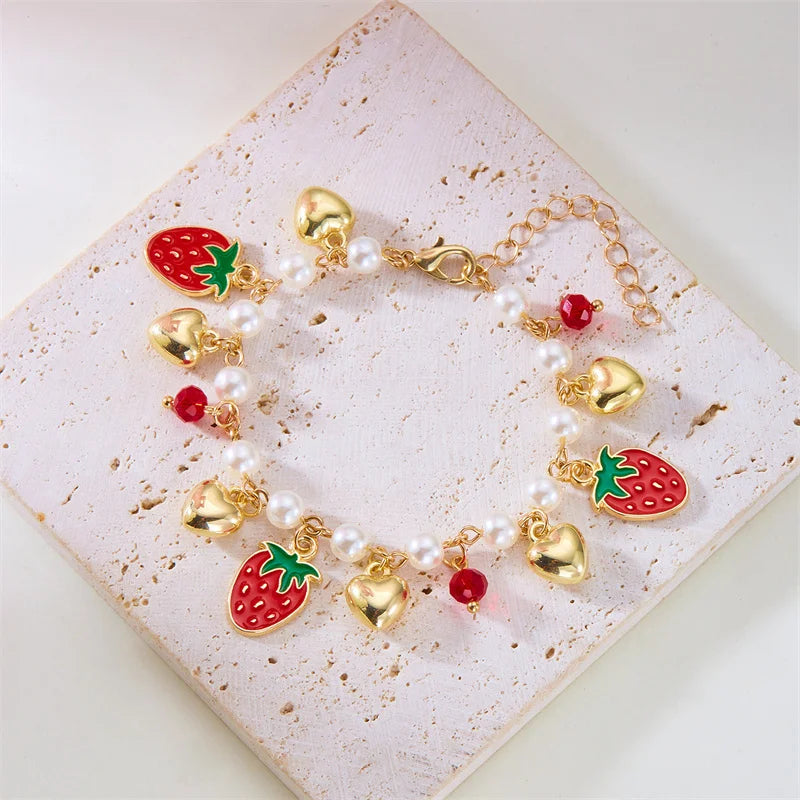 Y2K Sweet Cute Red Strawberry Cherry Pendant Necklace for Women Girls Love Heart Imitation Pearl Chain Choker Fashion Jewelry