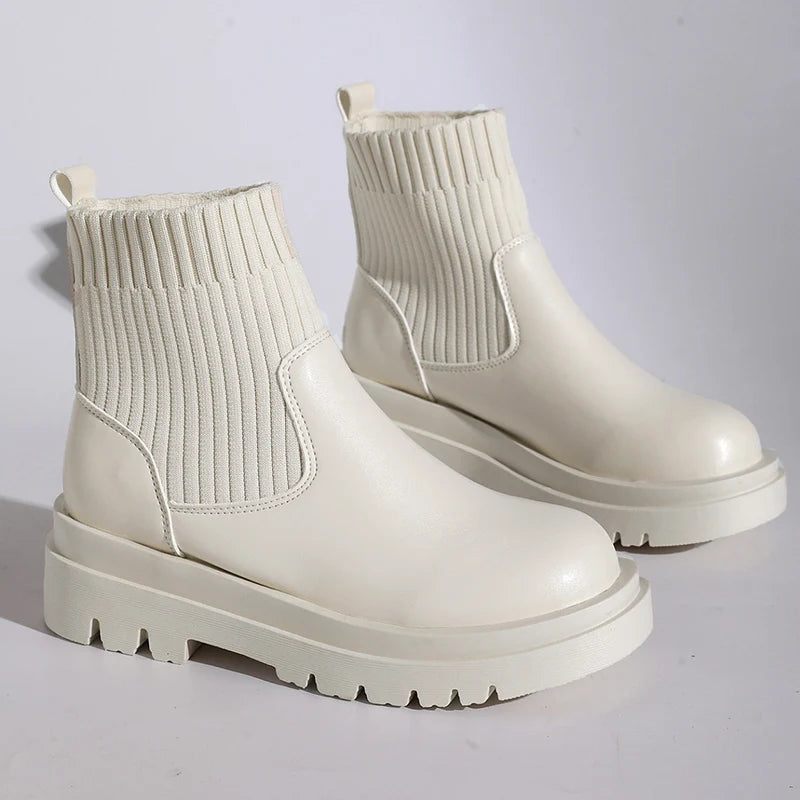 Women's Slip-On Chunky Platform Boots Knitted Patchwork Pu Leather Thick Sole Boots Woman Comfy Non Slip Chelsea Botas Mujer