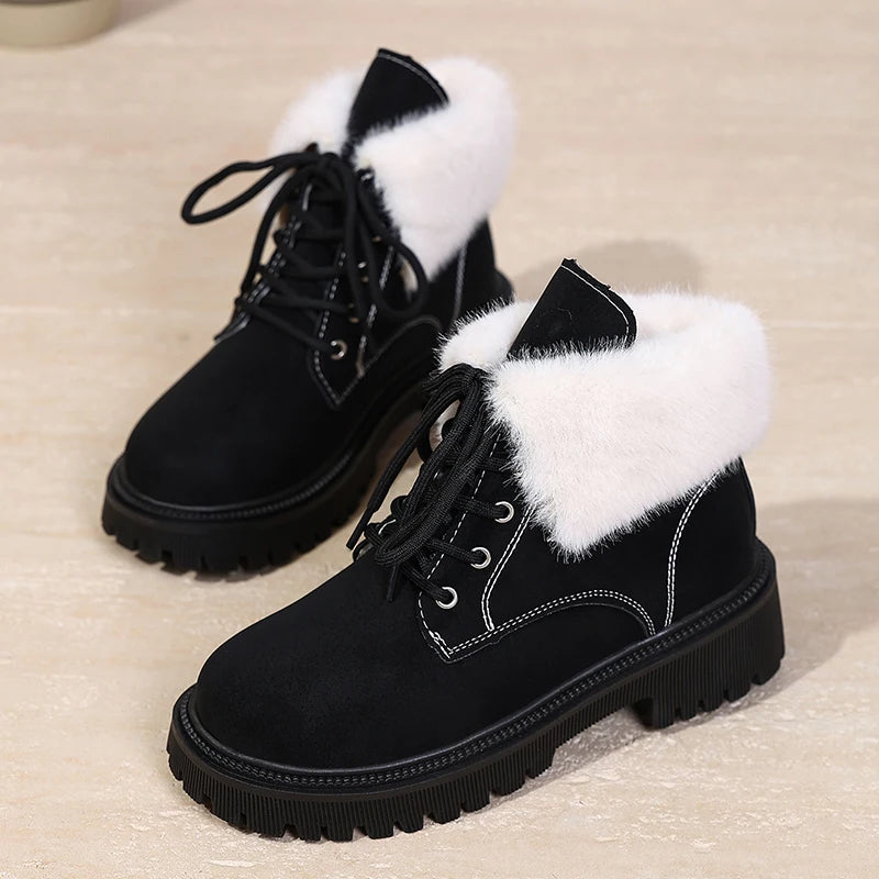 Faux Fur Lace-Up Ankle Boots for Women Autumn Winter Warm Plush Short Boots Woman Comfortable Anti Slip Cotton Padded Shoes 42