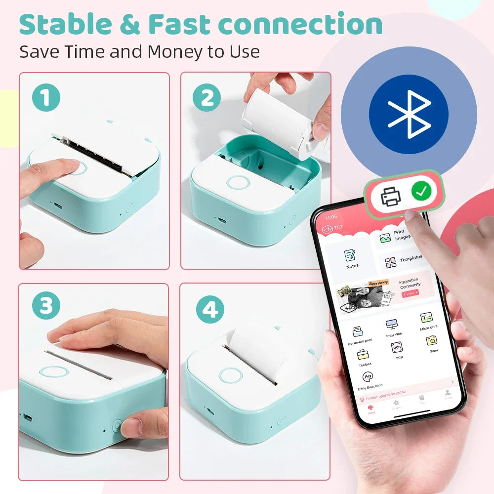 Pink T02 Mini Portable Bluetooth Thermal Printer T02 Sticker Photo Maker Machine