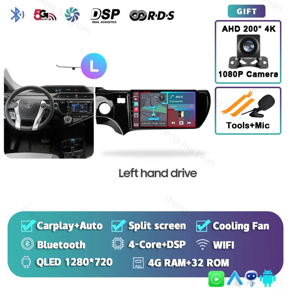 Android 15 CarPlay Auto For Toyota Aqua LHD RHD 2011 - 2017 Car Radio Multimedia navigation video DVD Autoradio Stereo 2din 4G