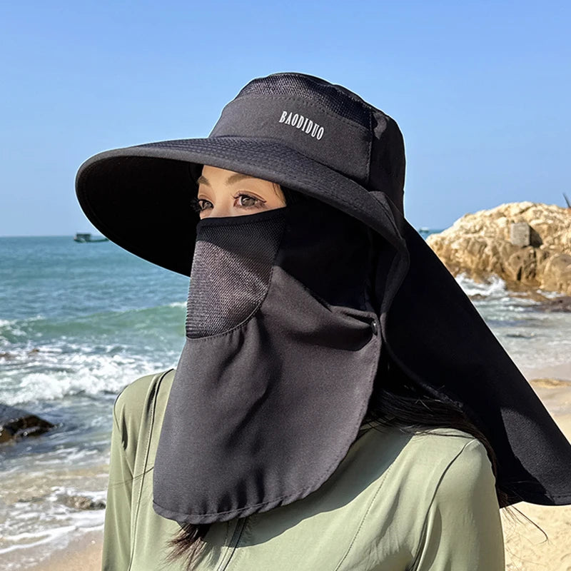 8458 Spring summer Cross border large cape sun block hat fashion face mask fisherman hat with ponytail hole visor hat children