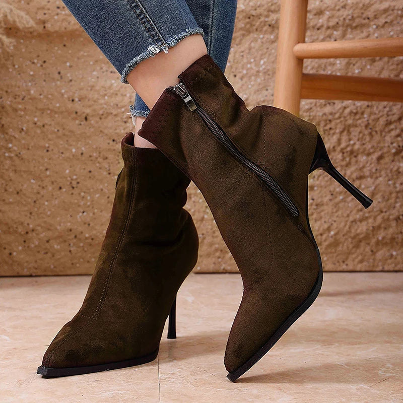 Faux Suede Stiletto Heel Ankle Boots Women Fashion Pointed Toe High Heeled Boots Woman Plus Size 42 Zippers Short Booties Mujer
