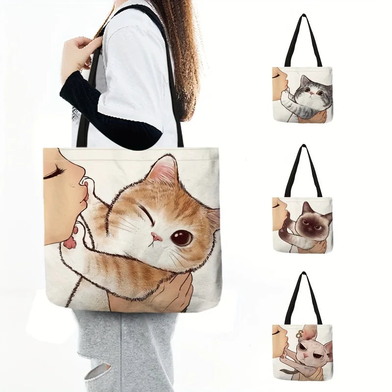Cute Cartoon Cat Print Tote Bag, Large Shoulder Bag, Women's Casual Handbag