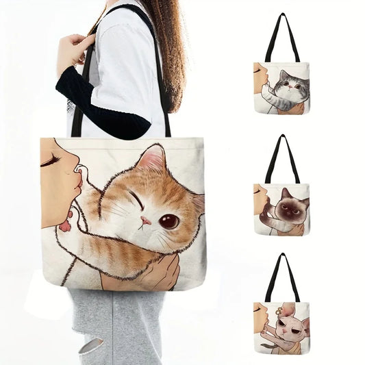 Cute Cartoon Cat Print Tote Bag, Large Shoulder Bag, Women's Casual Handbag