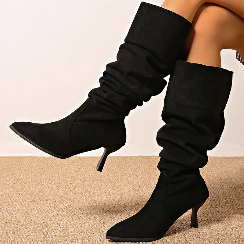 Vintage Thin High Heel Knee High Boots Women 2025 Sexy Pointed Toe Long Black Boots Woman Slip On Pleated Faux Suede Botas Mujer