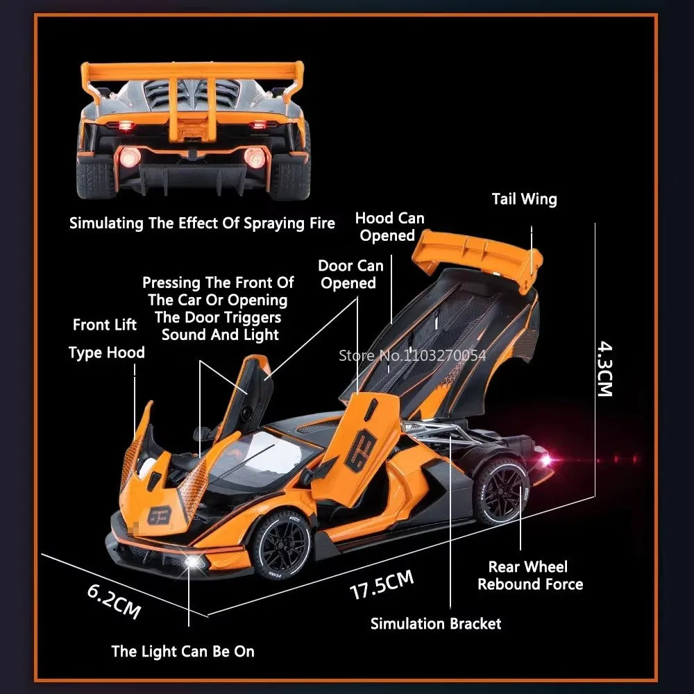 1/32 SIAN SCV12 Toys Car Model Alloy Diecast Sport Cars Metal Body Rubber Tires Doors Opened Sound Light Pull Back Gifts for Kid