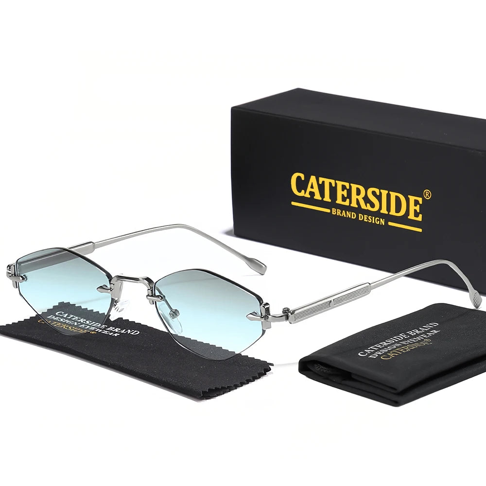 CATERSIDE Men's Small Frameless Sunglasses High-Quality Polygon Metal Frame Y2K Sun Glasses Women's Party Outdoor Glasses UV400