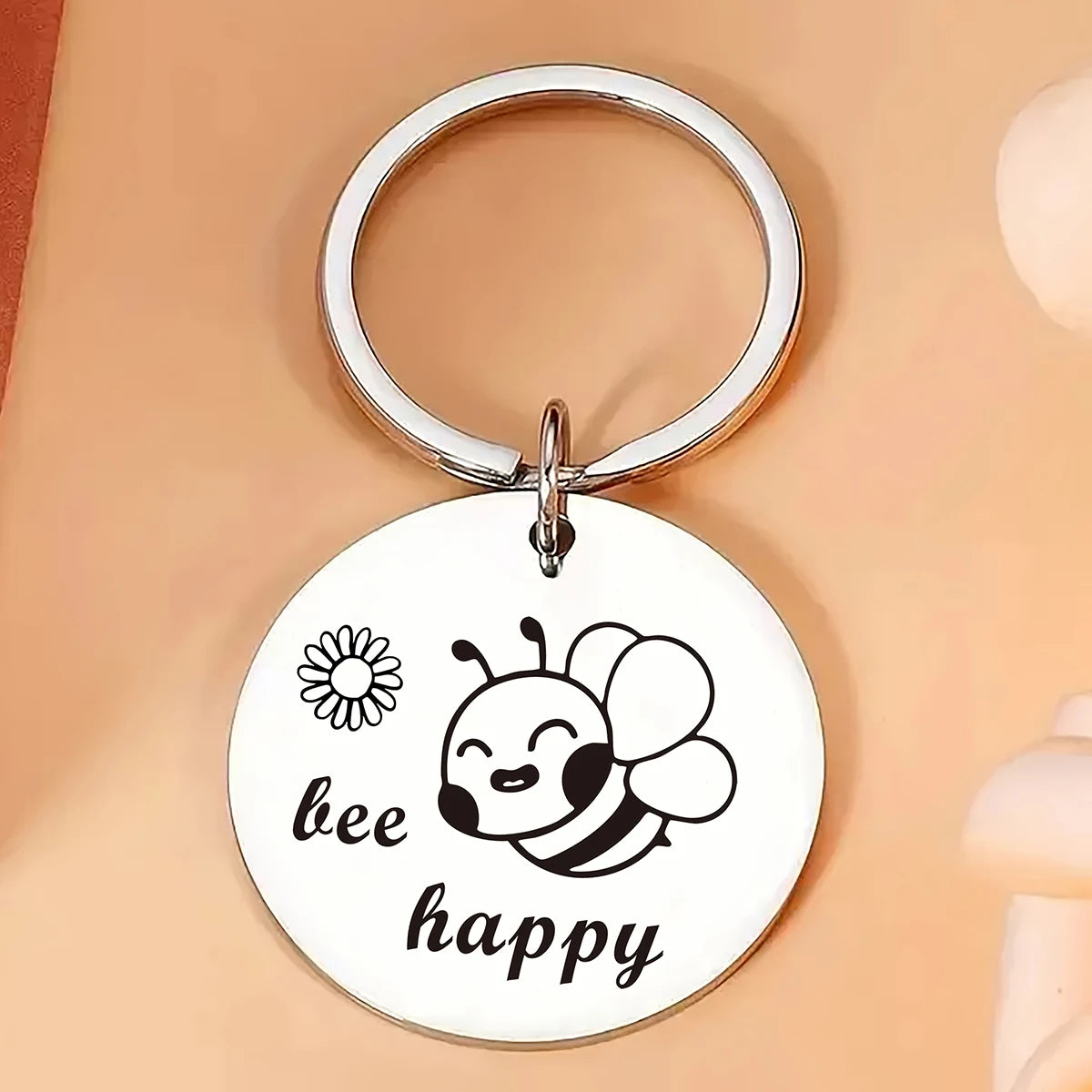 1Pc Happy Bee Keychain – Cute Smiling Bee and Flower Design, Round Metal Key Ring with Durable Clasp, Ideal as a Holiday Gift