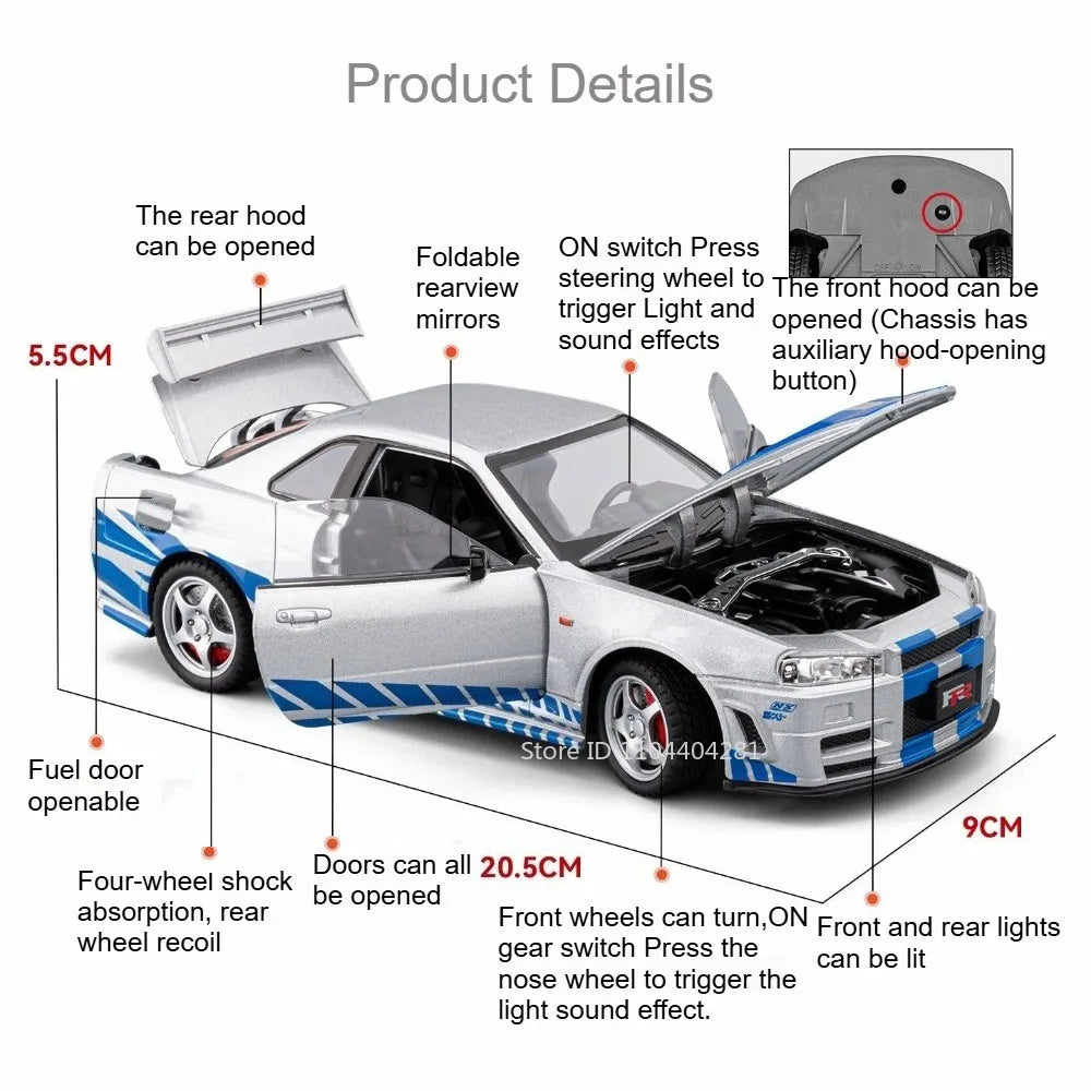 1:24 Skyline GTR R34 Car Model Alloy Diecast Toy Doors Opened Front Wheel Steering Sound Light Pull Back Cars Boys' Collectibles