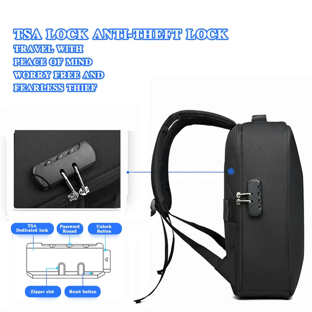 Men Casual Bag, Zipper Daypack Secure Password Lock Waterproof w/ USB Laptop Bag