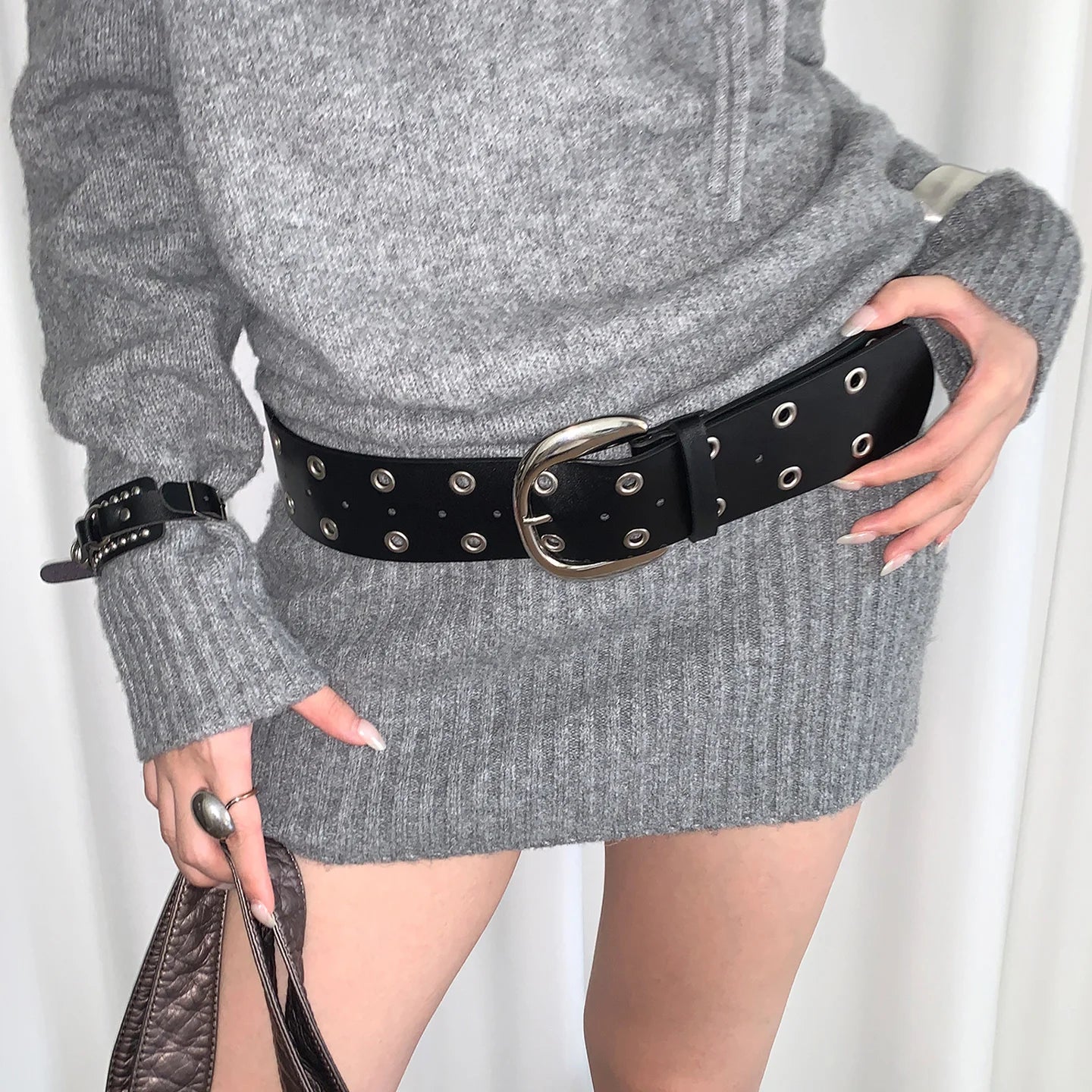 Design Sense Rivet Punk Style Black Wide Belt For Women Minority Match With Skirt And Jeans Slimming Waist Wrap