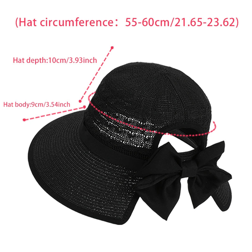 8484Summer hat girls' versatile bow-tied ponytail hole large eaves straw hat, outdoor outing sun hat