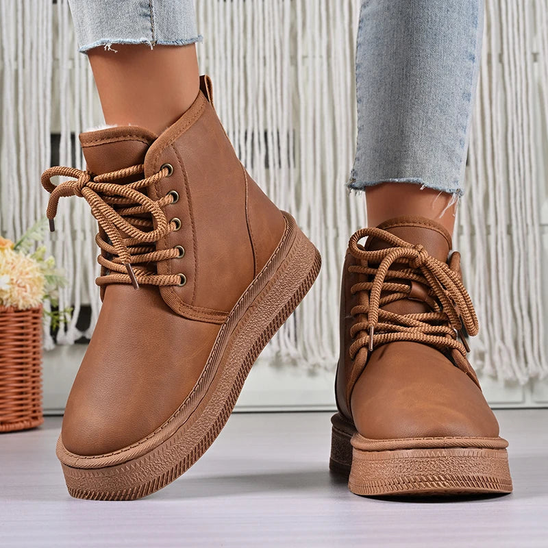 Fashion Lace Up Platform Snow Boots Women Anti Slip Warm Thicken Plush Ankle Boots Woman Thick Sole High Cotton Shoes 36-41