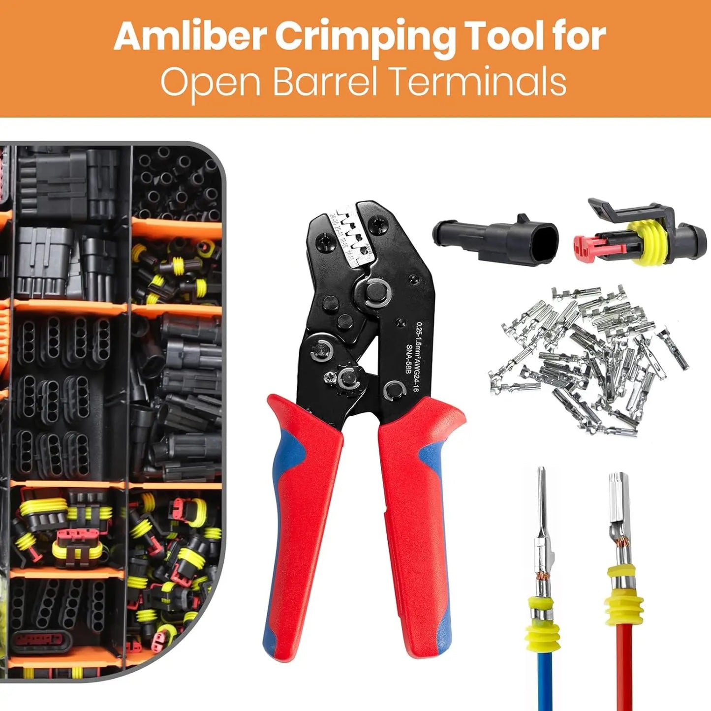 Wire Crimper Tool for Open Barrel Terminal Connectors, Electrical Crimping Tool for Molex Style Deutsch DELPHI AMP Dupont