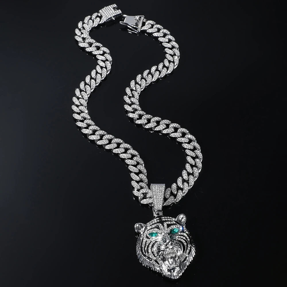 Men Hip Hop 3D Tiger Pendant Necklace with 13mm Crystal Cuban Chain Iced Out Bling Necklaces HipHop Women Fashion Charm Jewelry
