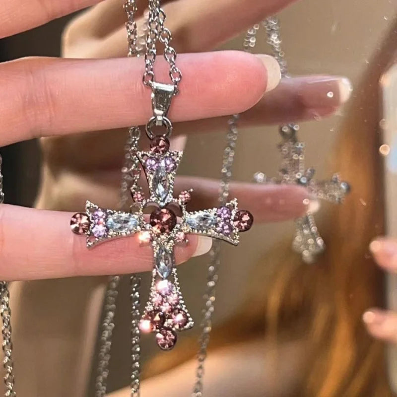 Gothic Y2K Crystal Zircon Cross Pendant Necklace for Women European and American Fashion Neck Chain Party Jewelry Birthday Gift