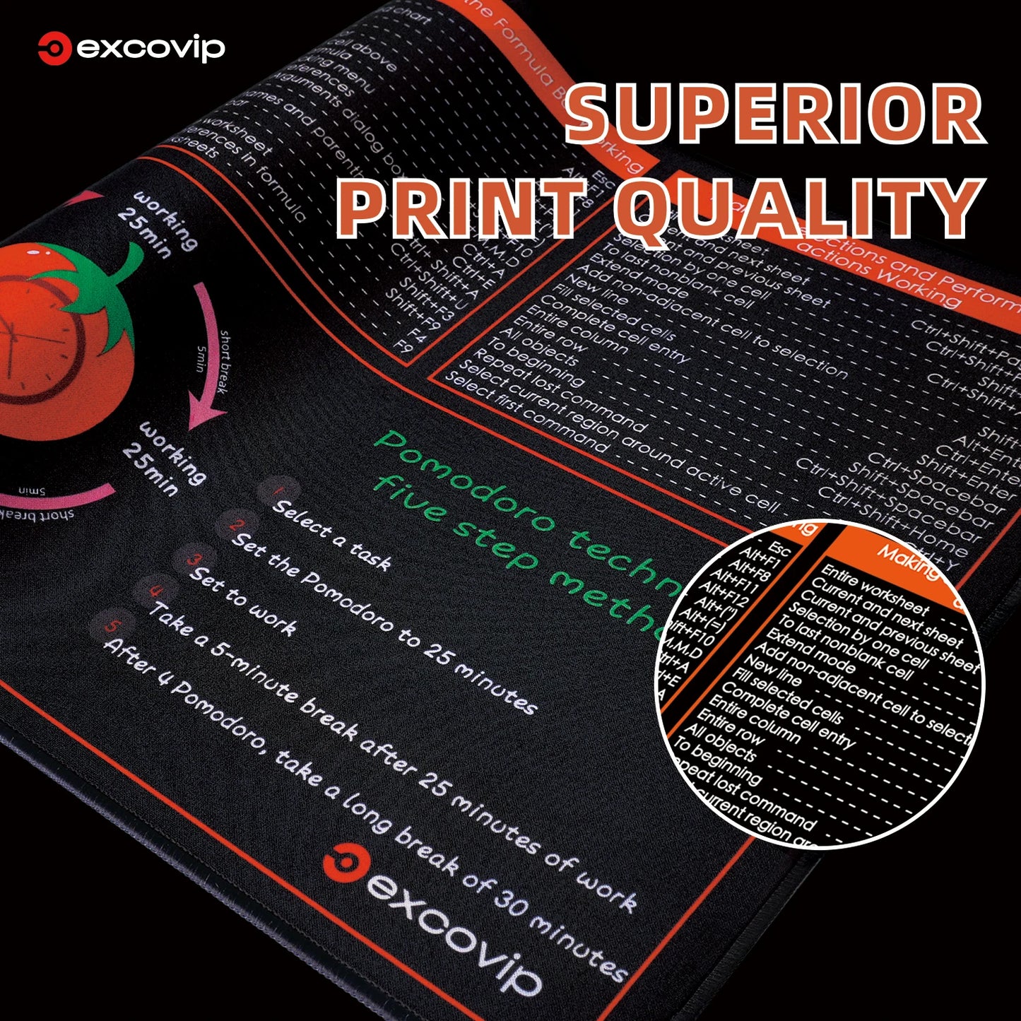 EXCO Excel Shortcut Mouse Pad Large Cheat Sheet Keyboard Mousepad Office Pomodoro Technique Desk Mat Stitched Edge Non-Slip Base