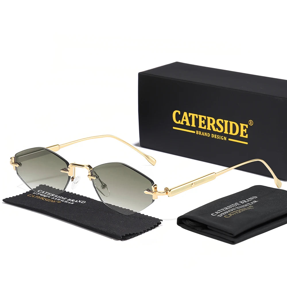 CATERSIDE Men's Small Frameless Sunglasses High-Quality Polygon Metal Frame Y2K Sun Glasses Women's Party Outdoor Glasses UV400