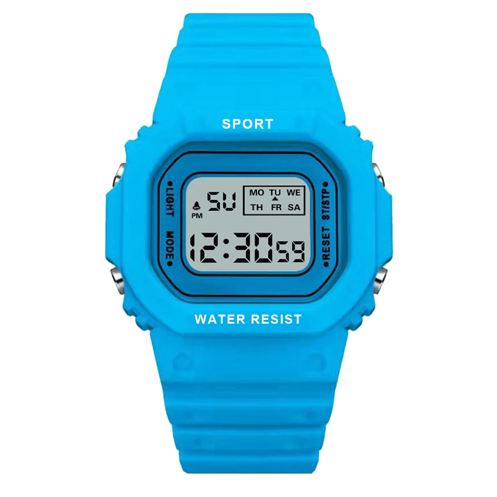 Sky Blue Sports Watch, LED Square Digital, Waterproof Rubber Men, Women