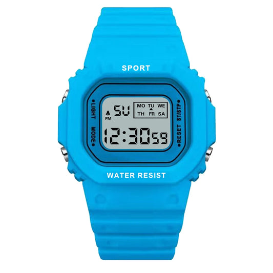 Sky Blue Sports Watch, LED Square Digital, Waterproof Rubber Men, Women