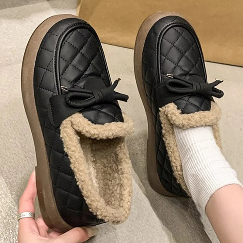 Pu Leather Snow Boots for Women 2025 Winter Korean Bowknot Detor Plush Booties for Woman Non Slip Keep Warm Snow Boots Lady