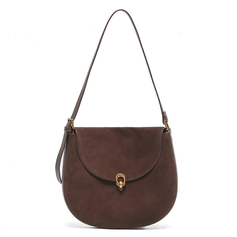 Genuine Cowhide Leather Saddle Bag for Women Large capacity Crossbody Bag Suede Leather Shoulder Bag with Gold Buckle Closure