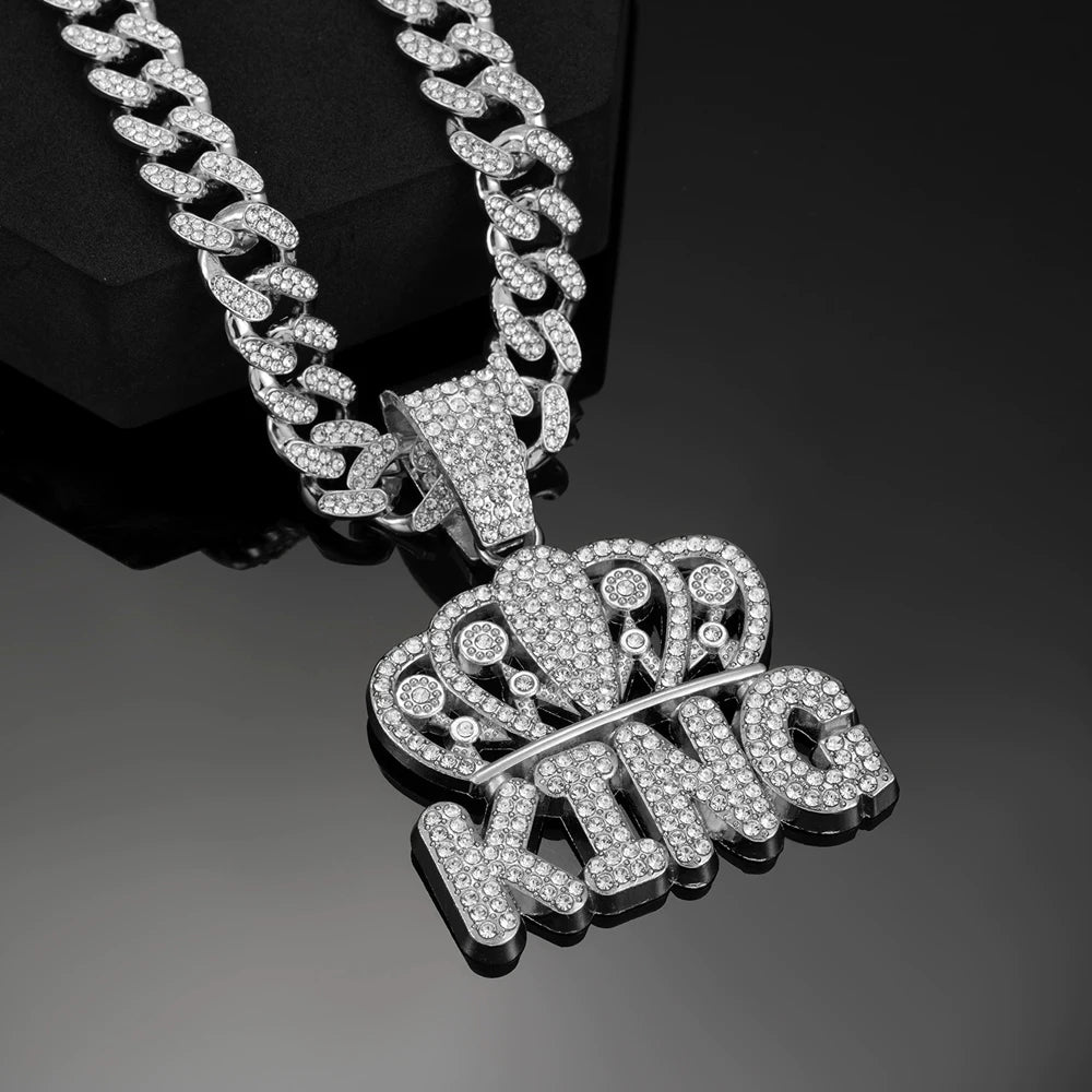 Men Hip Hop Crown KING Letter Pendant Necklace with 13mm Miami Cuban Chain Iced Out Bling HipHop Necklaces Fashion Women Jewelry