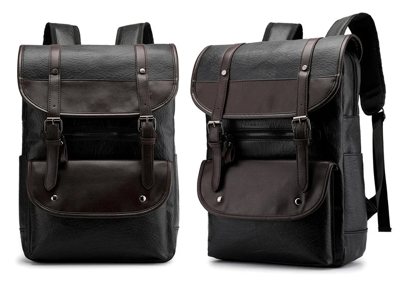 Black Vintage Laptop Leather Backpacks School Travel, Casual PU Leather Men Bags