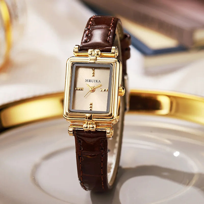 Retro Brand Ladies Watch Simple Gold Square Leather Strap Wristwatch Women Fashion Quartz Clock Gift Relógio Feminino Wholesale