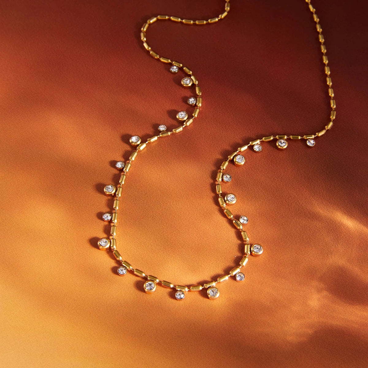 Uworld Delicate Round Rhinestones Bead Chain Necklace For Women 18K PVD Gold Plated Stainless Steel Layered Necklaces Party Gift